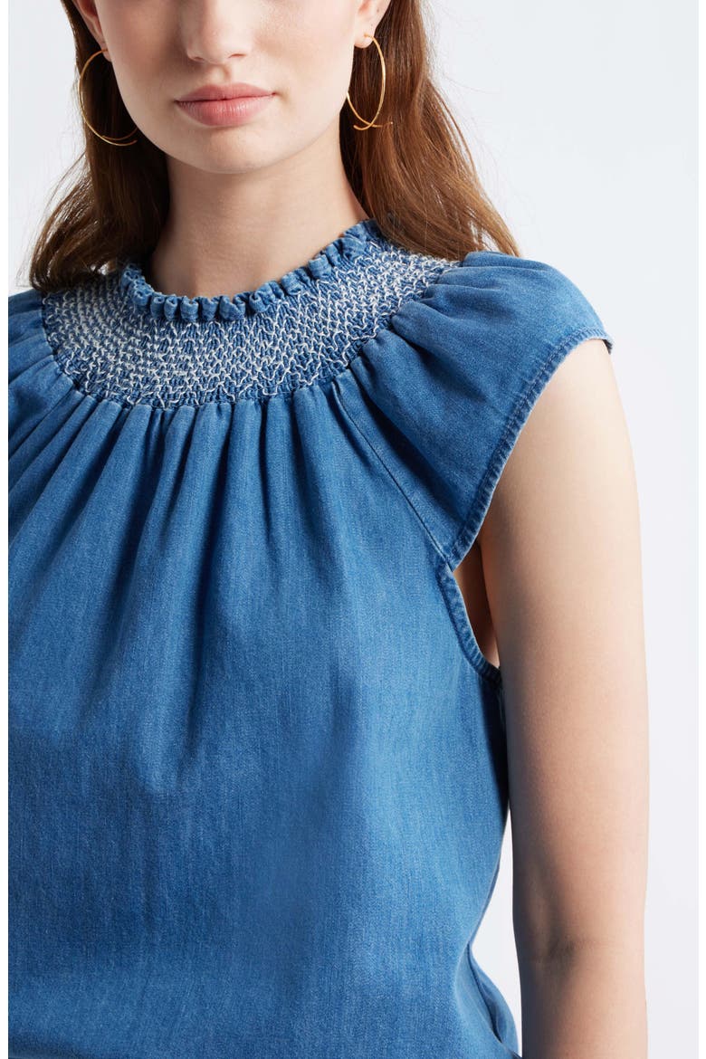 Smocked Neck Chambray Top, Alternate, color, LIGHT BLUE WASH