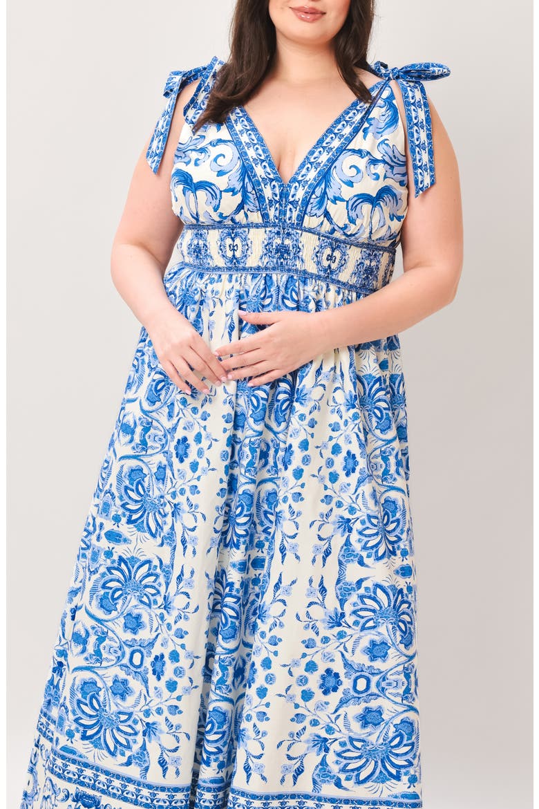 Tie Strap Smocked Waist Cotton Maxi Dress, Alternate, color, IVORY BLUE