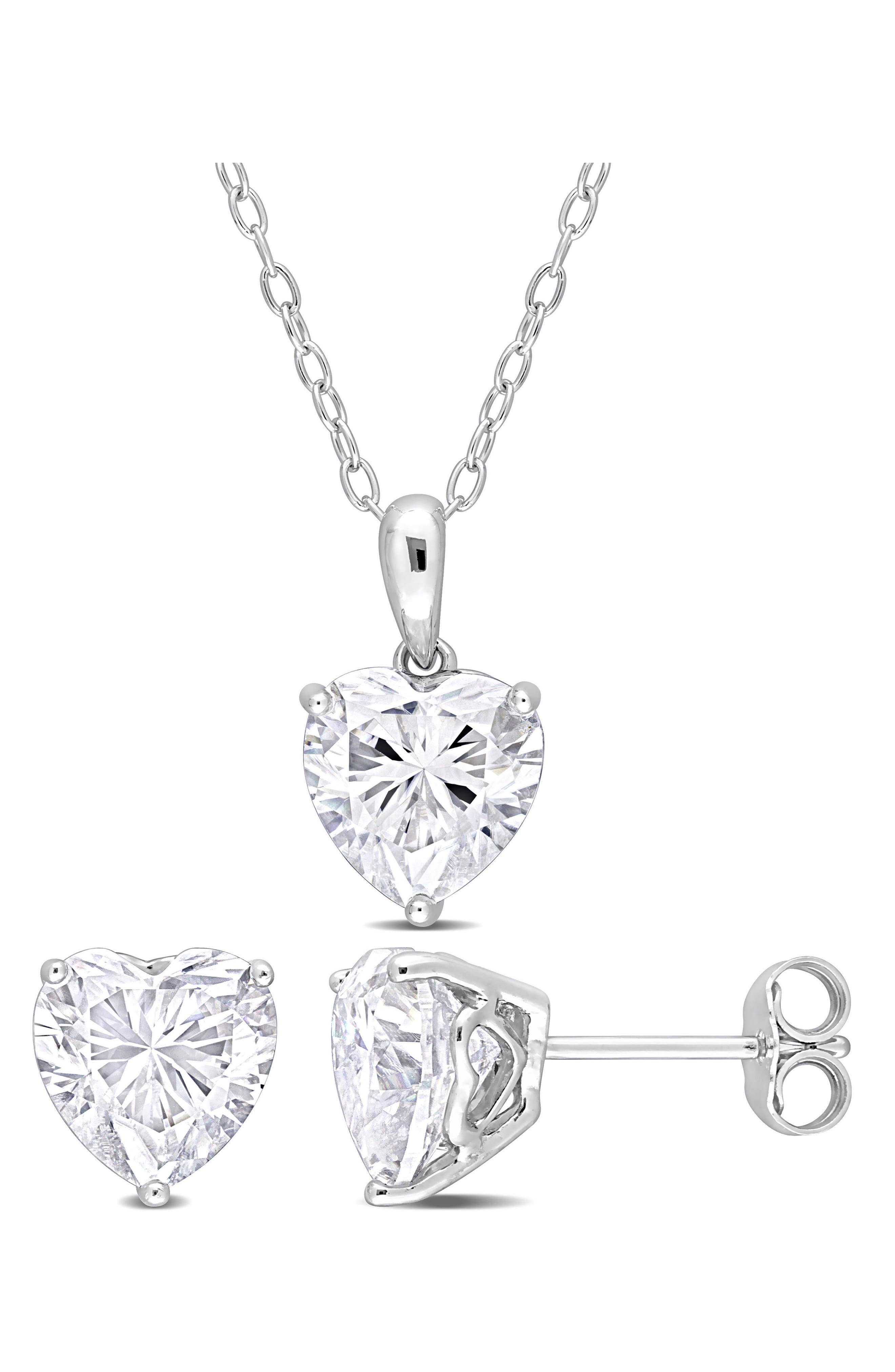 DELMAR Heart Cut Lab Created White Moissanite Solitaire Pendant Necklace & Stud Earrings Set