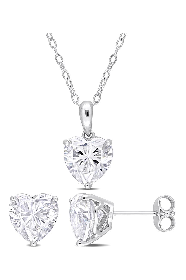 Heart Cut Lab Created White Moissanite Solitaire Pendant Necklace & Stud Earrings Set, Main, color, WHITE