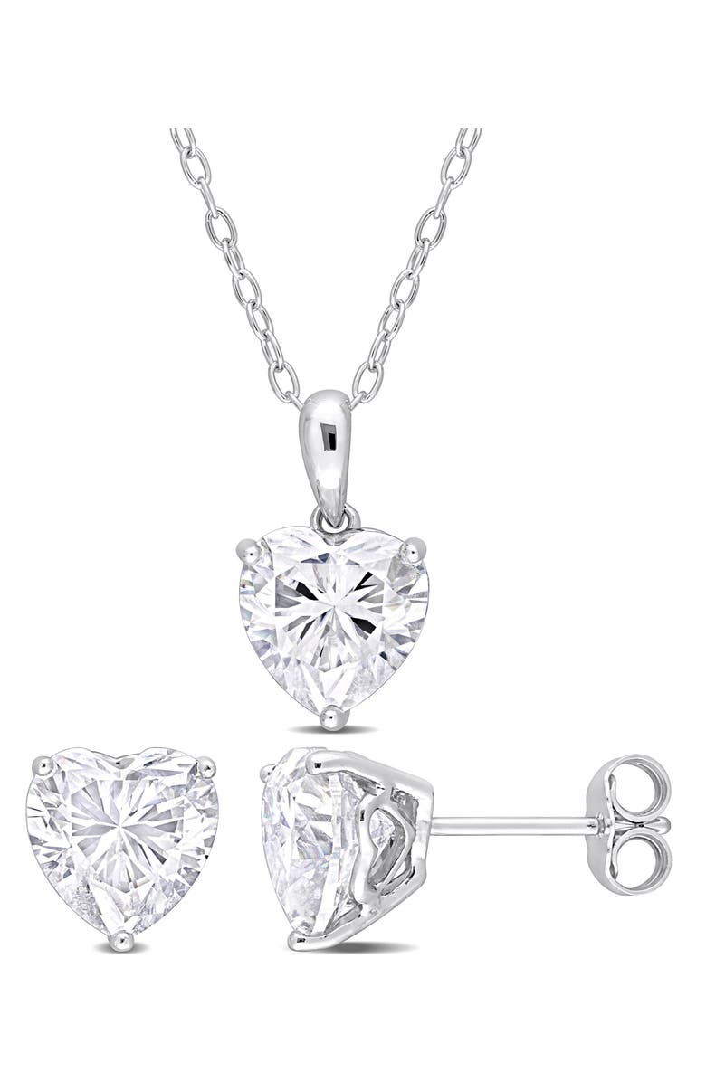 DELMAR Heart Cut Lab Created White Moissanite Solitaire Pendant Necklace & Stud Earrings Set, Main, color, White