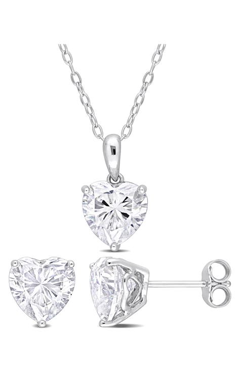 Heart Cut Lab Created White Moissanite Solitaire Pendant Necklace & Stud Earrings Set
