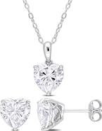 DELMAR Heart Cut Lab Created White Moissanite Solitaire Pendant Necklace & Stud Earrings Set