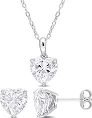 DELMAR Heart Cut Lab Created White Moissanite Solitaire Pendant Necklace & Stud Earrings Set