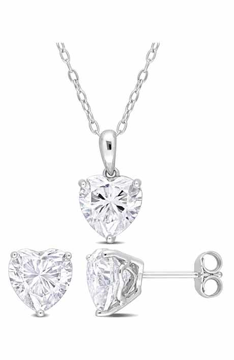 DELMAR Heart Cut Lab Created White Moissanite Solitaire Pendant Necklace & Stud Earrings Set