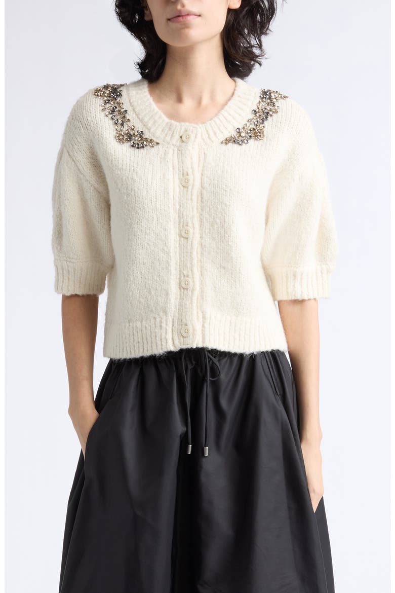 Millicent Crystal Embellished Wool Blend Cardigan, Main, color, IVORY