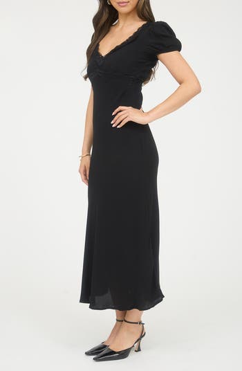 Lace Trim Puff Sleeve Midi Dress