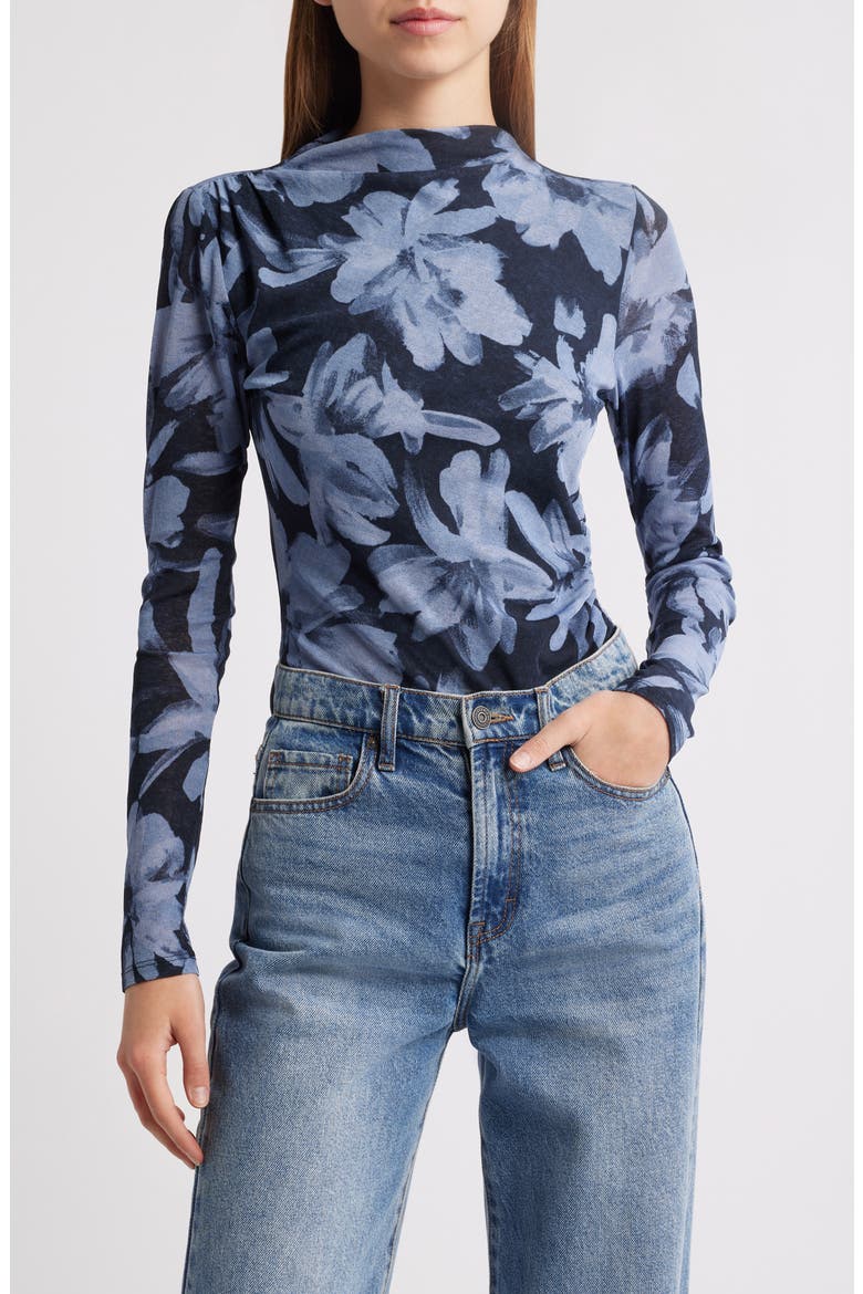 Joelle Floral Ruched Mesh Funnel Neck Top, Main, color, MIDNIGHT LILY