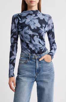 Rails Joelle Floral Ruched Mesh Funnel Neck Top