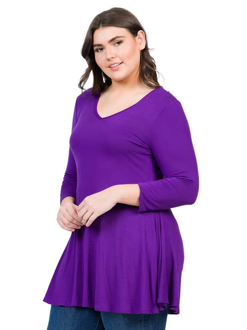 24seven Comfort Apparel Three Quarter Sleeve V-neck Tunic Top In Purple