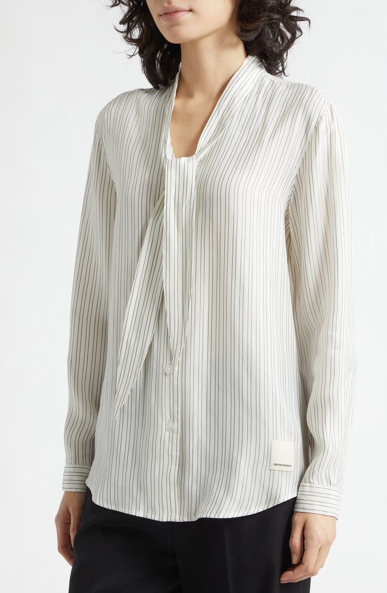 Emporio Armani Stripe Tie Neck Button-Up Shirt, Alternate, color, Solid White