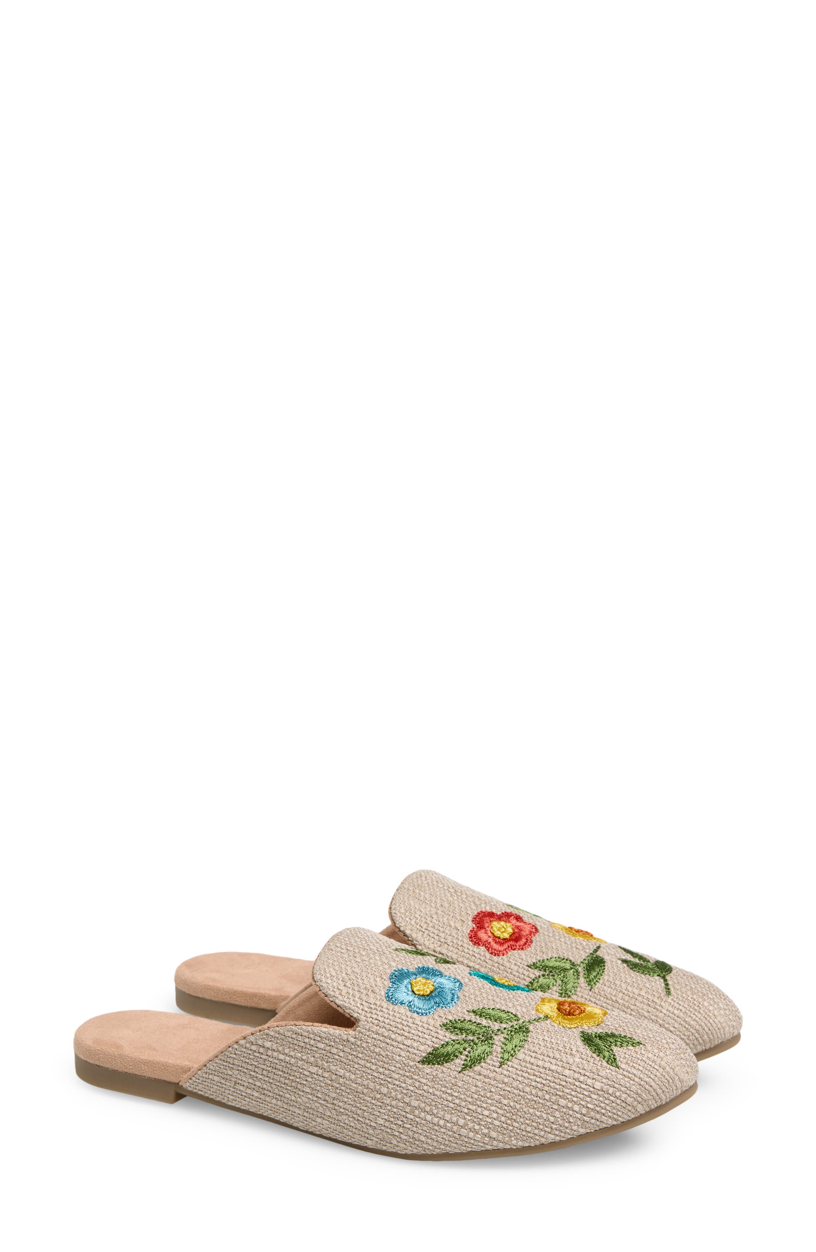 FUCHSIA Sunny Meadows Floral Embroidered Mule, Main, color, Light Beige
