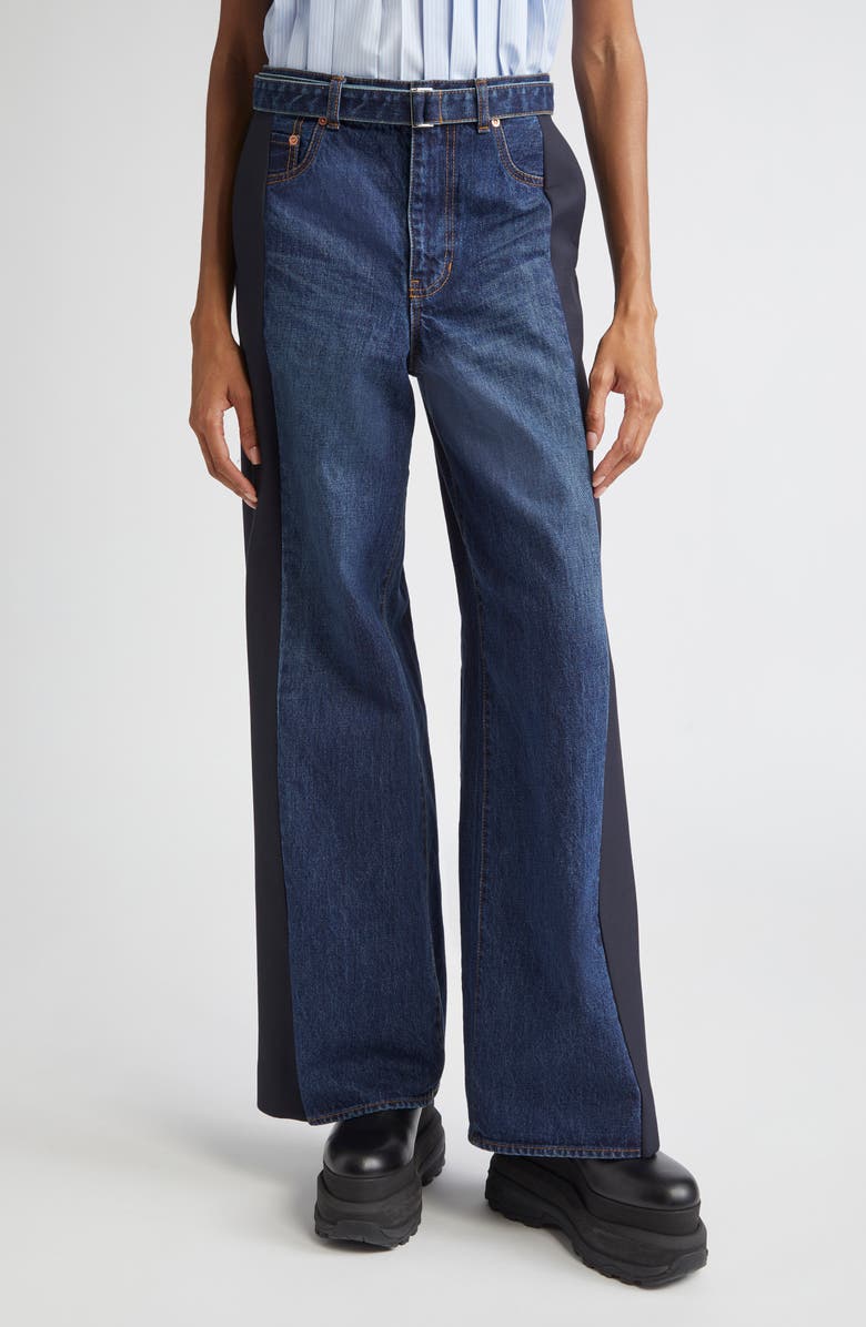 Sacai Mixed Media Belted Wide Leg Jeans, Main, color, 