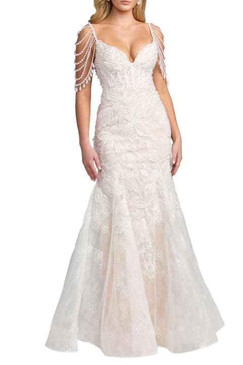 Pearl Embellished Floral Lace Mermaid Gown