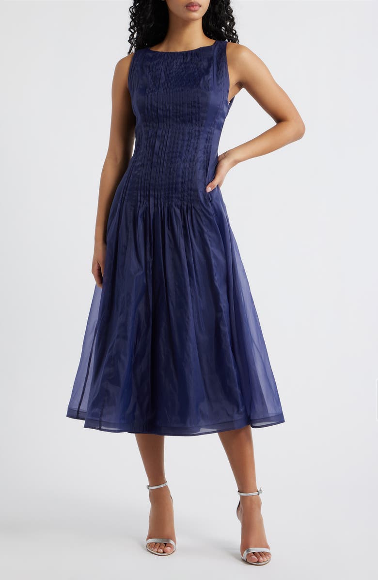 Lulus Dani Organza Tie Back Midi Dress, Main, color, Navy
