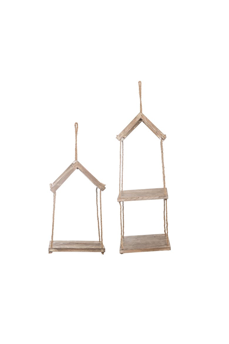 Wood 23.75" Brown Spring Tiered Hanging House Shelf Set of 2, Decorative Wall Shelves, Wood, Brown, Indoor Use, Alternate, color, Brown