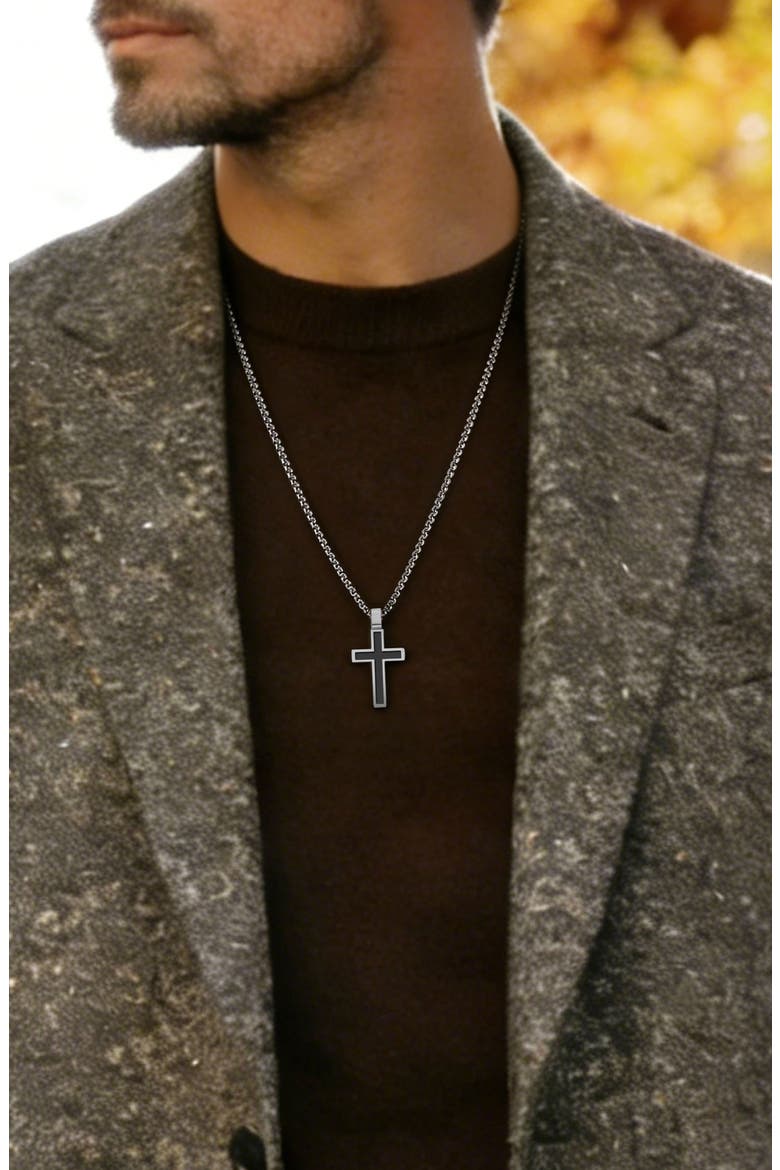 Men's Inlay Cross Pendant Necklace, Alternate, color, SILVER