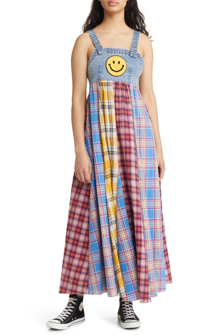 Mixed Media Plaid & Denim Sundress, Main, color, BLUE MULTI PLAID