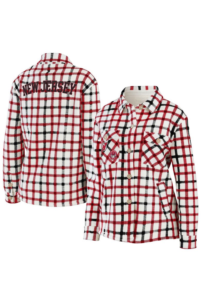 Women's WEAR by Erin Andrews Oatmeal New Jersey Devils Plaid Button-Up Shirt Jacket, Main, color, Oatmeal