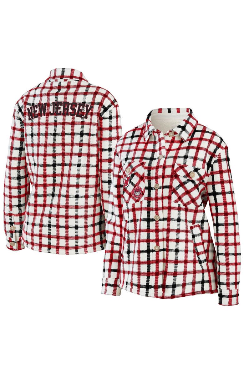 WEAR by Erin Andrews Women's WEAR by Erin Andrews Oatmeal New Jersey Devils Plaid Button-Up Shirt Jacket, Main, color, Oatmeal