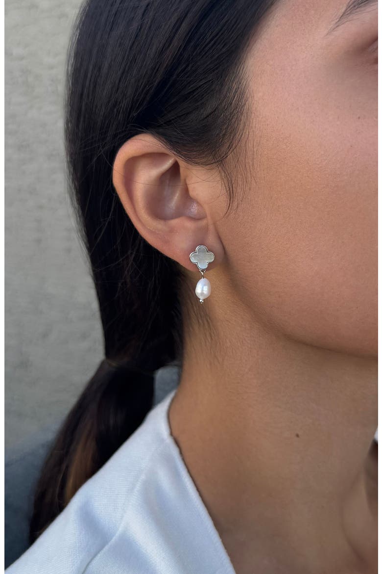 Mother-of-Pearl Clover & Faux Pearl Earrings, Alternate, color, SILVER-WHITE