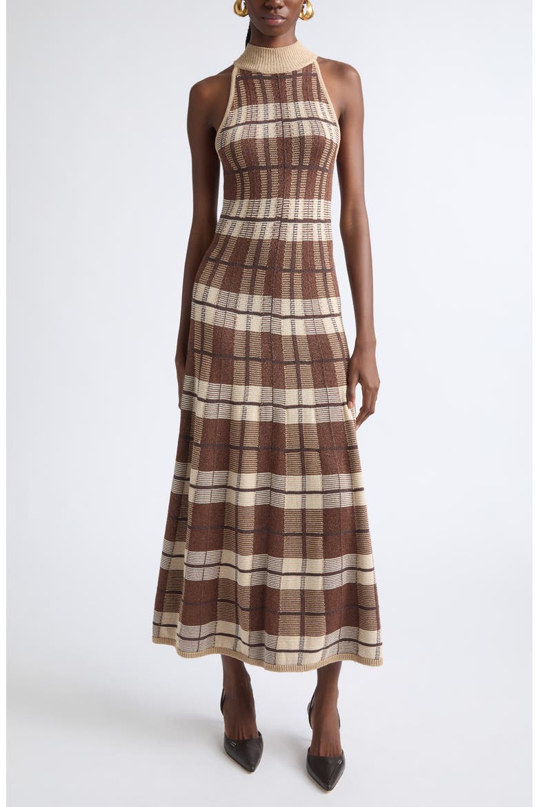 Louisa Metallic Plaid Knit Midi Dress, Main, color, HERITAGE BROWN PLAID