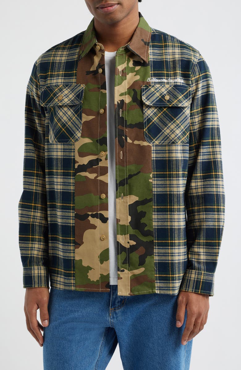 Billionaire Boys Club BB Wanderlust Plaid & Camo Cotton Button-Up Shirt, Main, color, Cypress