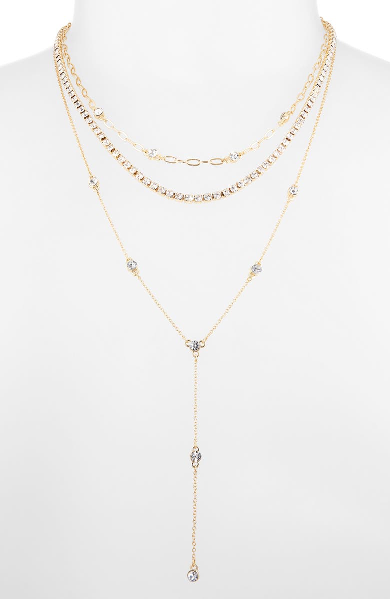BaubleBar Prelayered Triple Chain Y-Necklace, Alternate, color, Gold