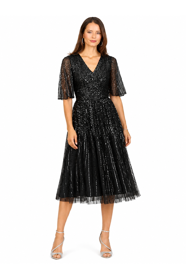 Flowing, Sequin Midi Dress with Short Sleeves, Alternate, color, Black