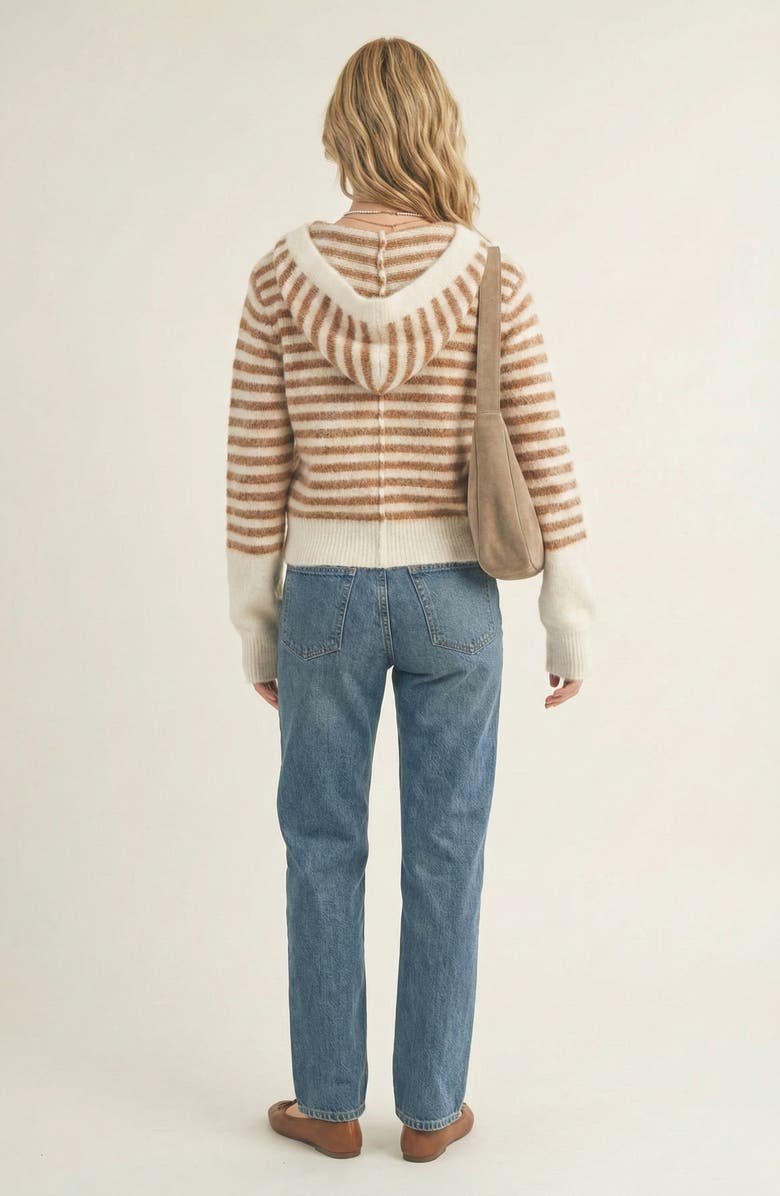 Modenaire Striped Button-Up Cardigan Hoodie with Ribbon Tie and Ribbed Hem, Alternate, color, Ivory / Brown Stripes