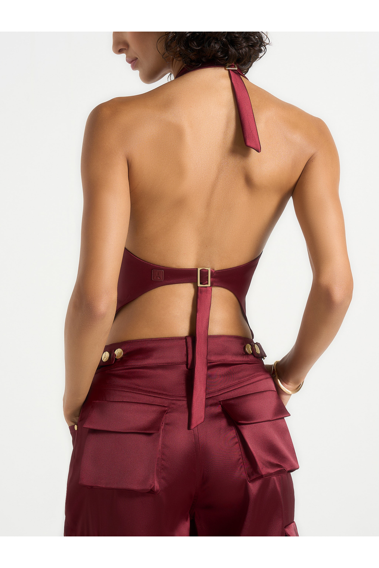 Claudette Backless Satin Halter Top, Alternate, color, Wine Red