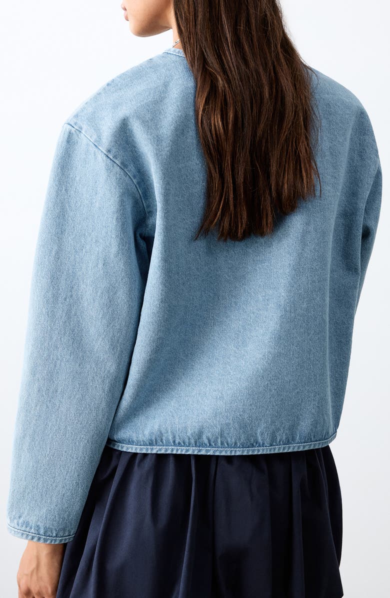 MANGO TEEN Collarless Denim Jacket, Alternate, color, Medium Blue