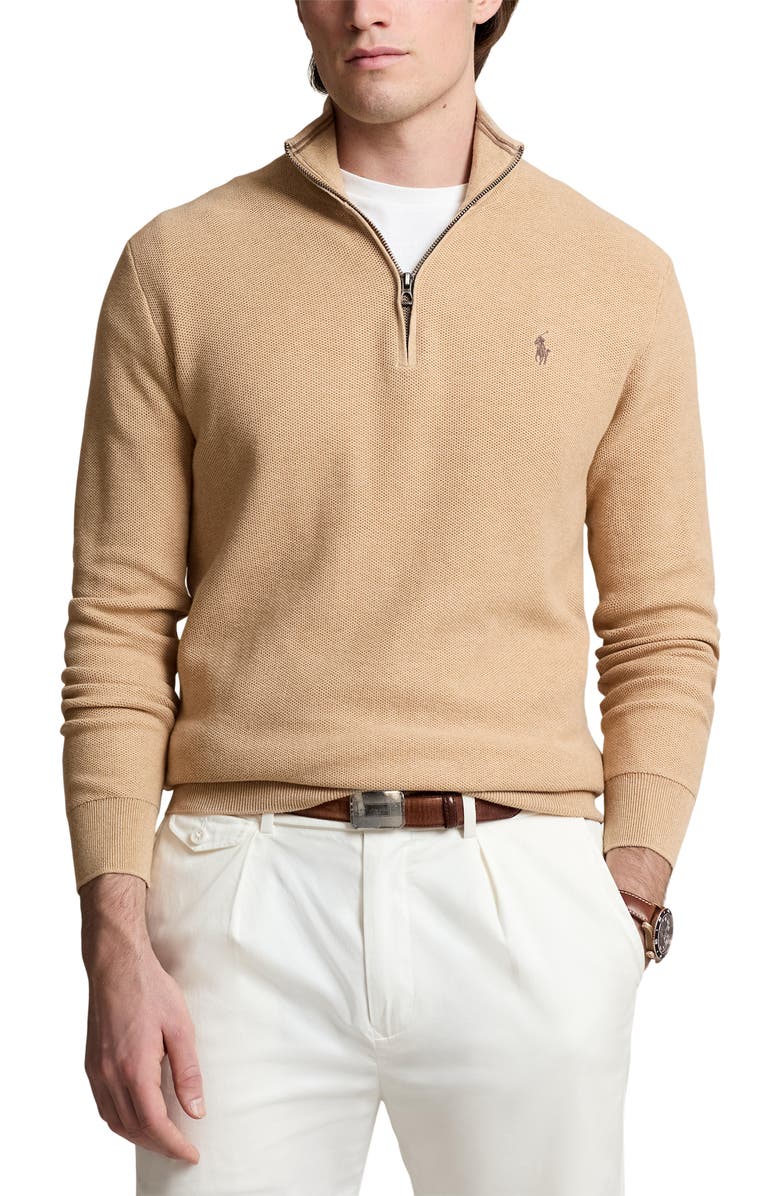 Polo Ralph Lauren Mesh Knit Cotton Quarter Zip Sweater, Main, color, Camel Melange