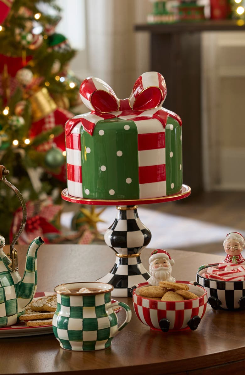 MACKENZIE CHILDS Check It Out Gift Box Lidded Ceramic Cake Stand, Alternate, color, Green