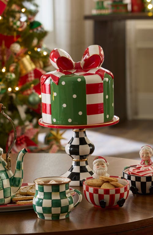 Mackenzie-childs Mackenzie Childs Check It Out Gift Box Lidded Ceramic Cake Stand In Multi