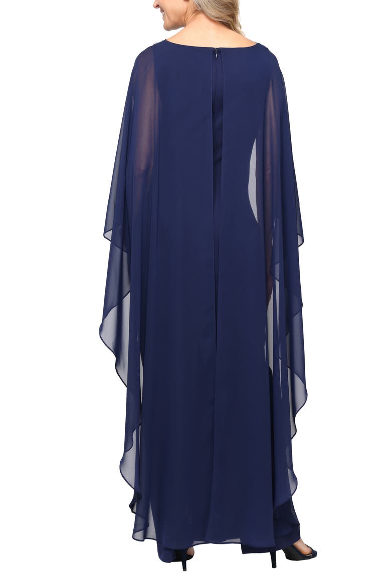 Stretch Crepe & Chiffon Cape Gown, Alternate, color, NAVY