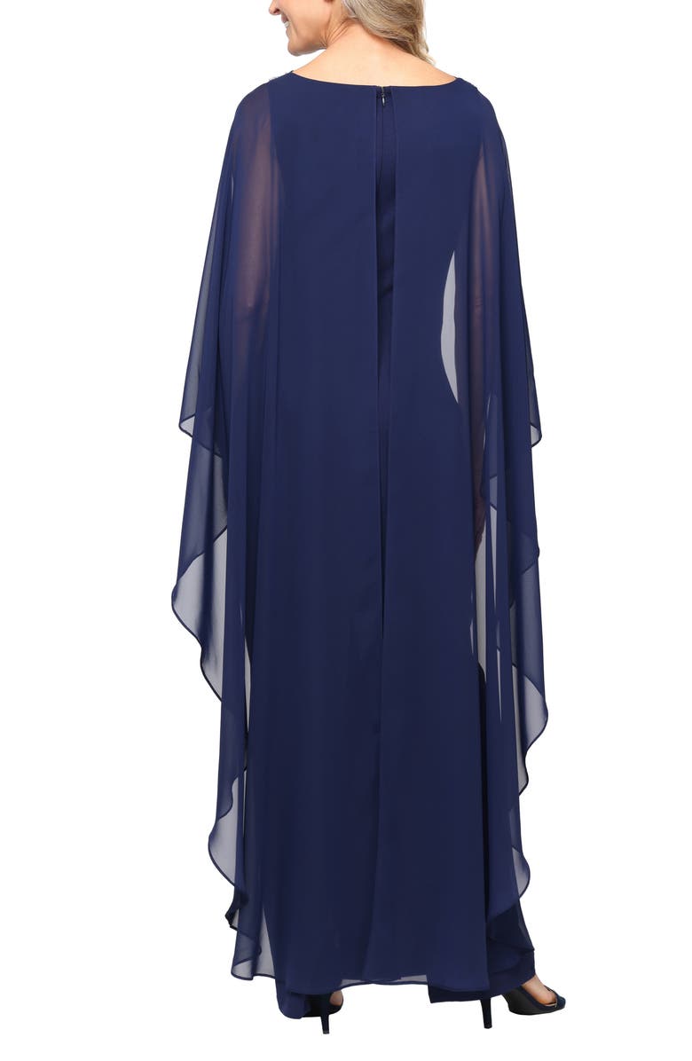 Alex Evenings Stretch Crepe & Chiffon Cape Gown, Alternate, color, Navy