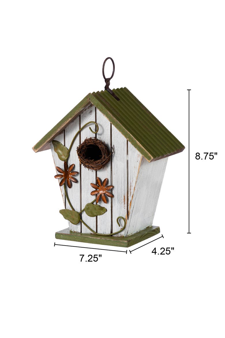 Distressed Solid Wood Decorative Outdoor Garden Birdhouse with 3D Flower or Maple, Alternate, color, Green