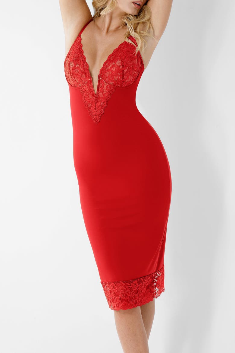 Built In Shapewear V-Neck Lace Midi Dress, Alternate, color, Wine