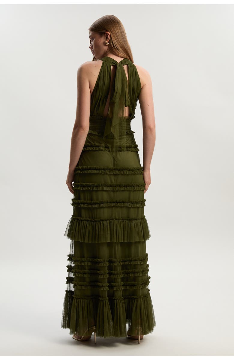 Karen Millen Tulle Layered Halter Neck Maxi Dress, Alternate, color, Khaki