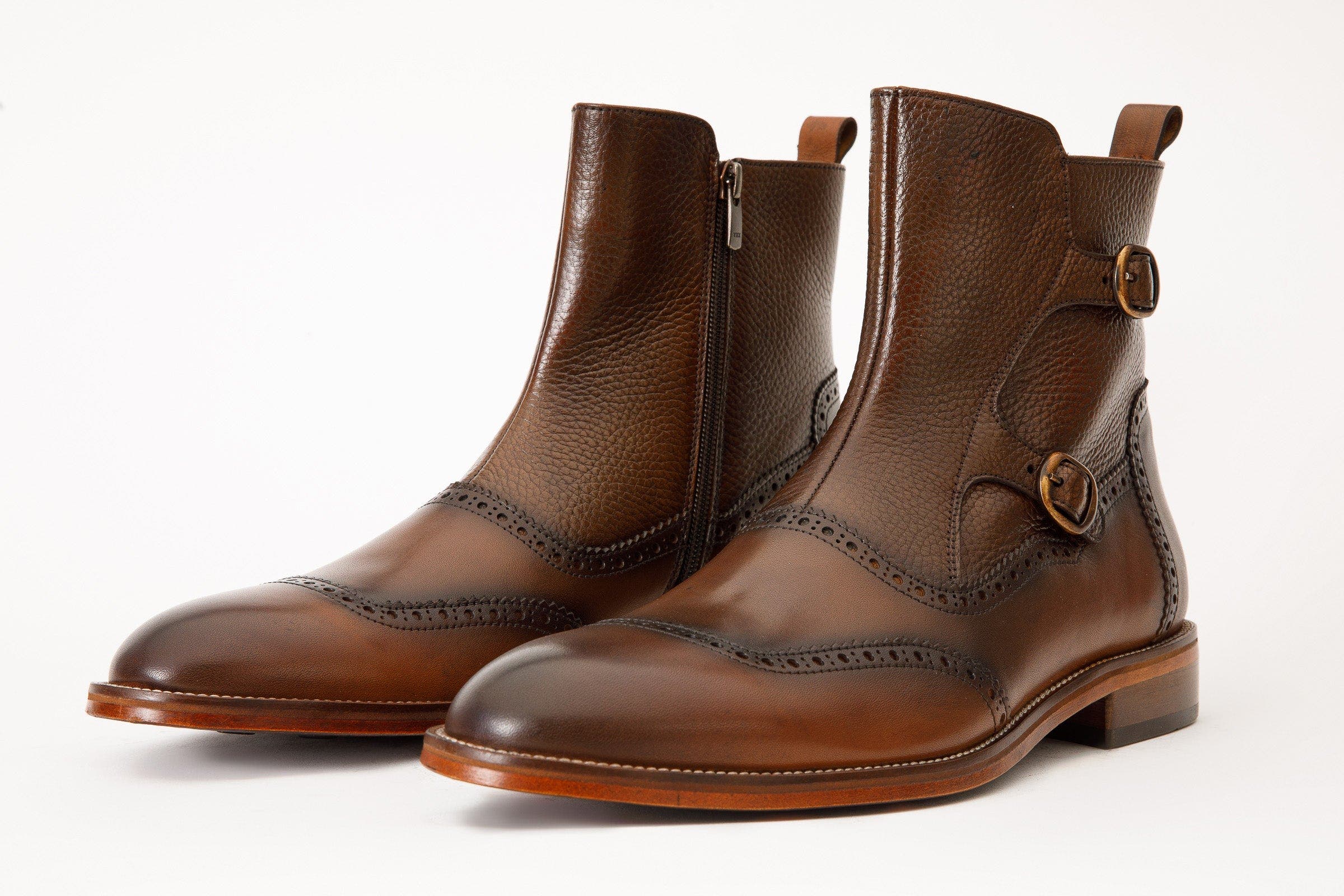 The Rand Leather Double Buckle Brogue Boot With A Zipper, Alternate, color, Brown