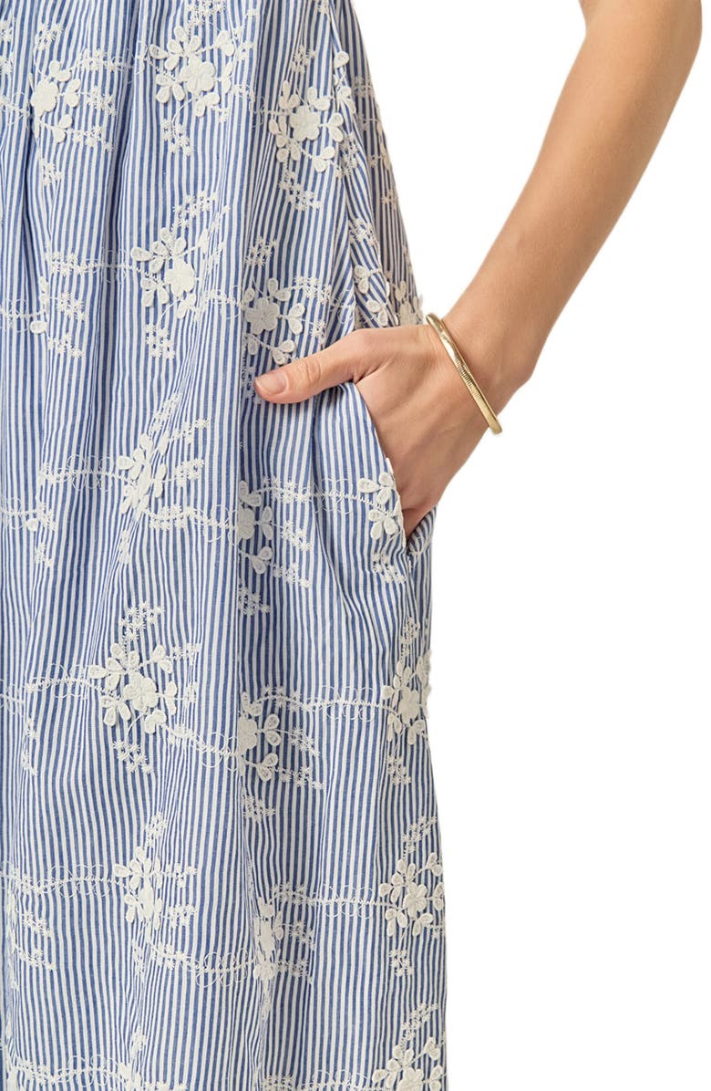 English Factory Sleeveless Tie Back Mixed Media Midi Dress, Alternate, color, Blue/ White