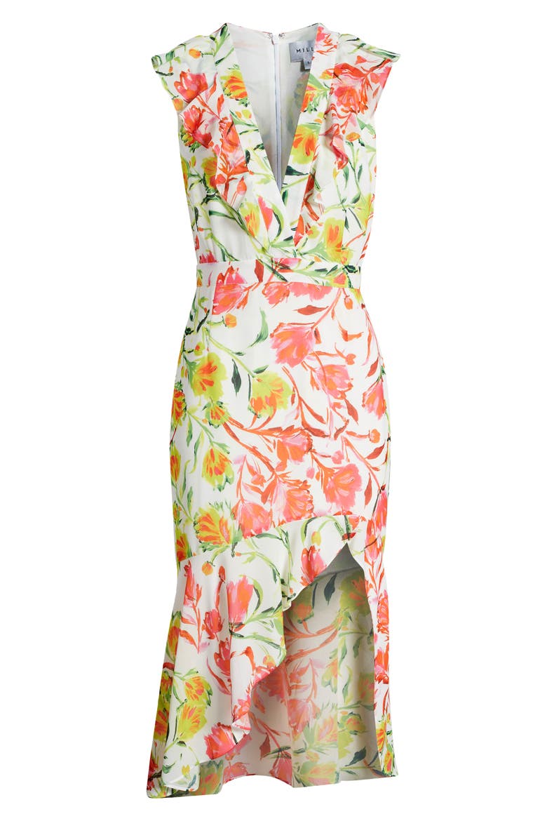 Nanci Neon Botanical Ruffle Dress, Alternate, color, WHITE MULTI
