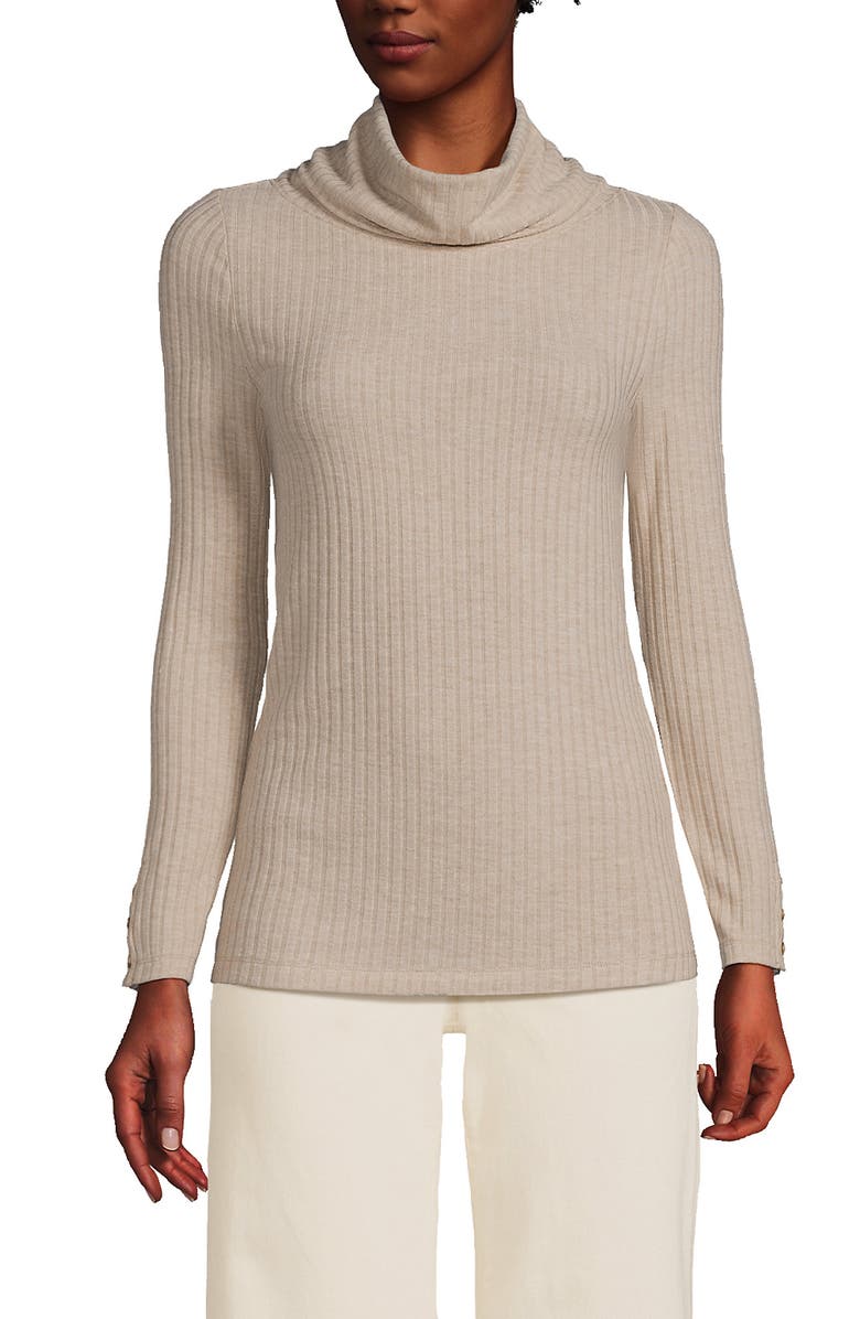 Lands' End Long Sleeve Wide Rib Turtleneck, Alternate, color, Soft Tan Heather
