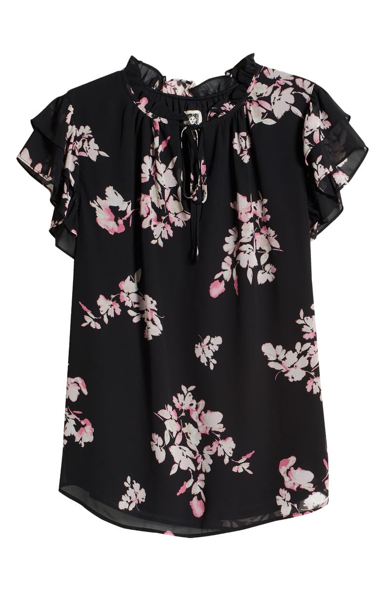 Anne Klein Floral Ruffle Sleeve Tie Neck Top, Alternate, color, 