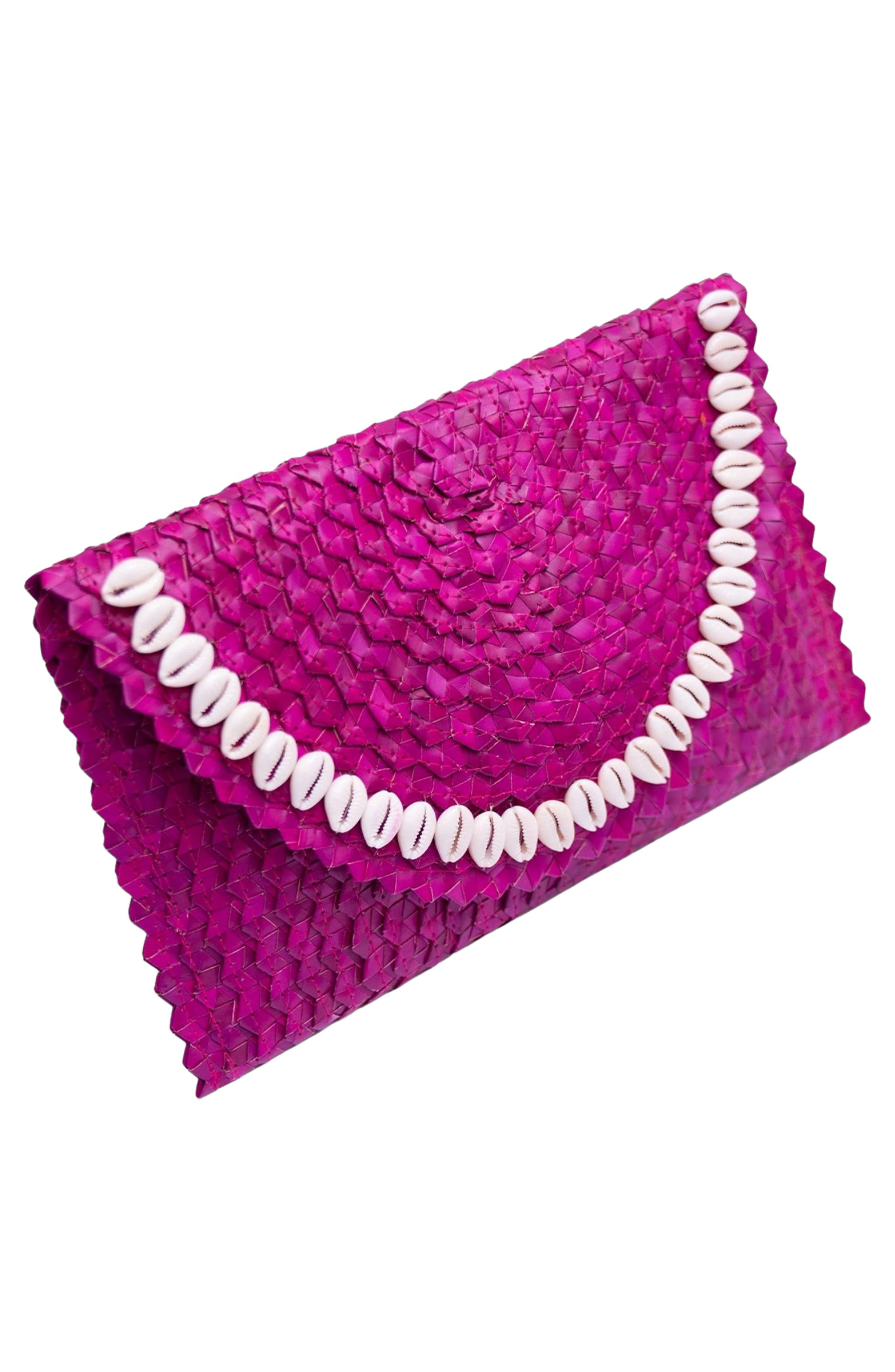 Jelavu Coco Seashell Trim Handwoven Raffia Clutch, Alternate, color, Fuchsia