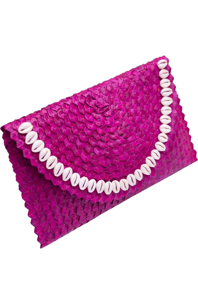 Jelavu Coco Seashell Trim Handwoven Raffia Clutch, Alternate, color, Fuchsia