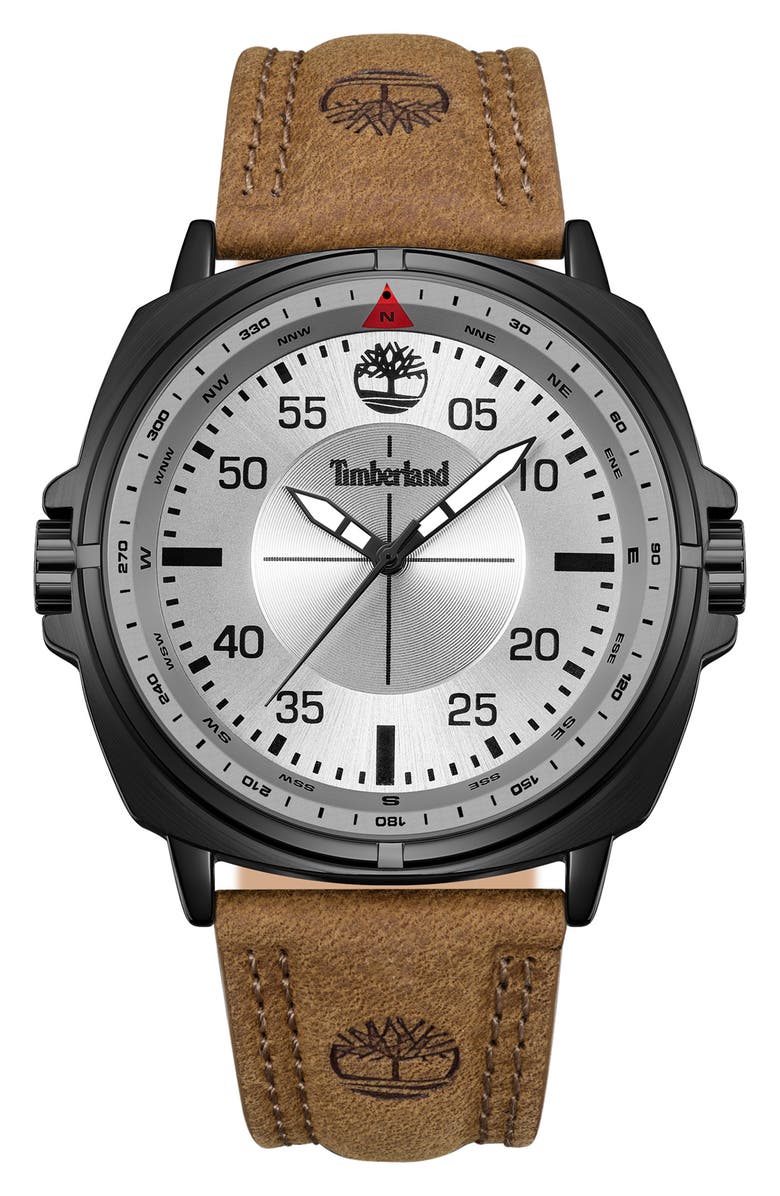 Timberland Williston Leather Strap Watch, 48mm, Main, color, Brown/ Silver