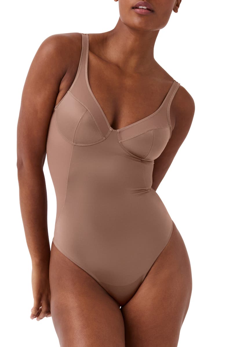 SPANX<sup>®</sup> Shaping Satin Thong Bodysuit, Main, color, Cafe Au Lait