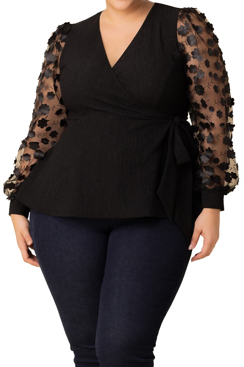 Scattered Petals 3D Sleeve Peplum Wrap Top, Main, color, ONYX BLOSSOMS